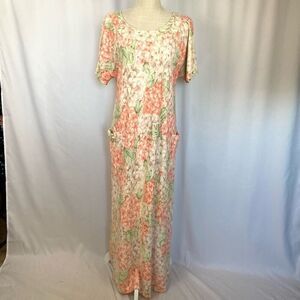 Vintage 70s Floral Terry Cloth Muumuu Maxi Dress Women’s XL Tropical Orange Gree